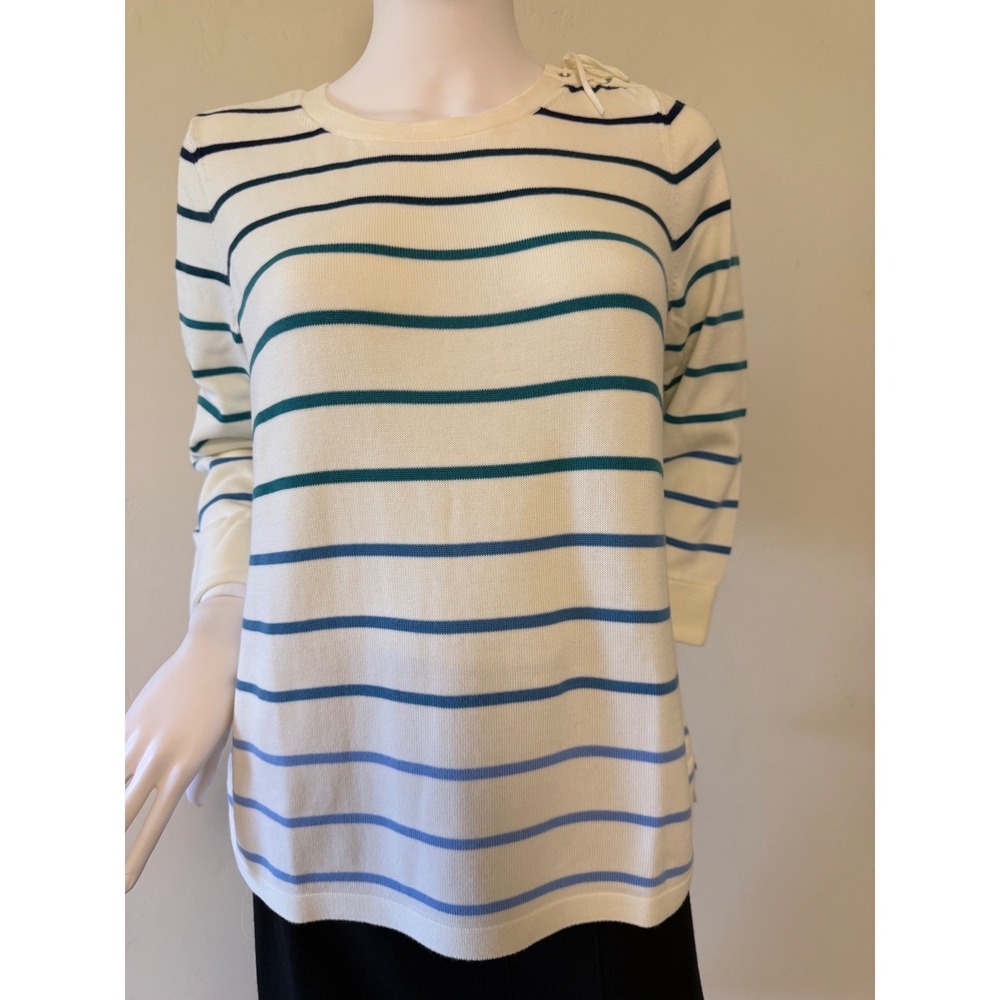 Talbots Womens Medium White Blue Striped Lace Up Shoulder 3/4 Sleeve‎ Sweater